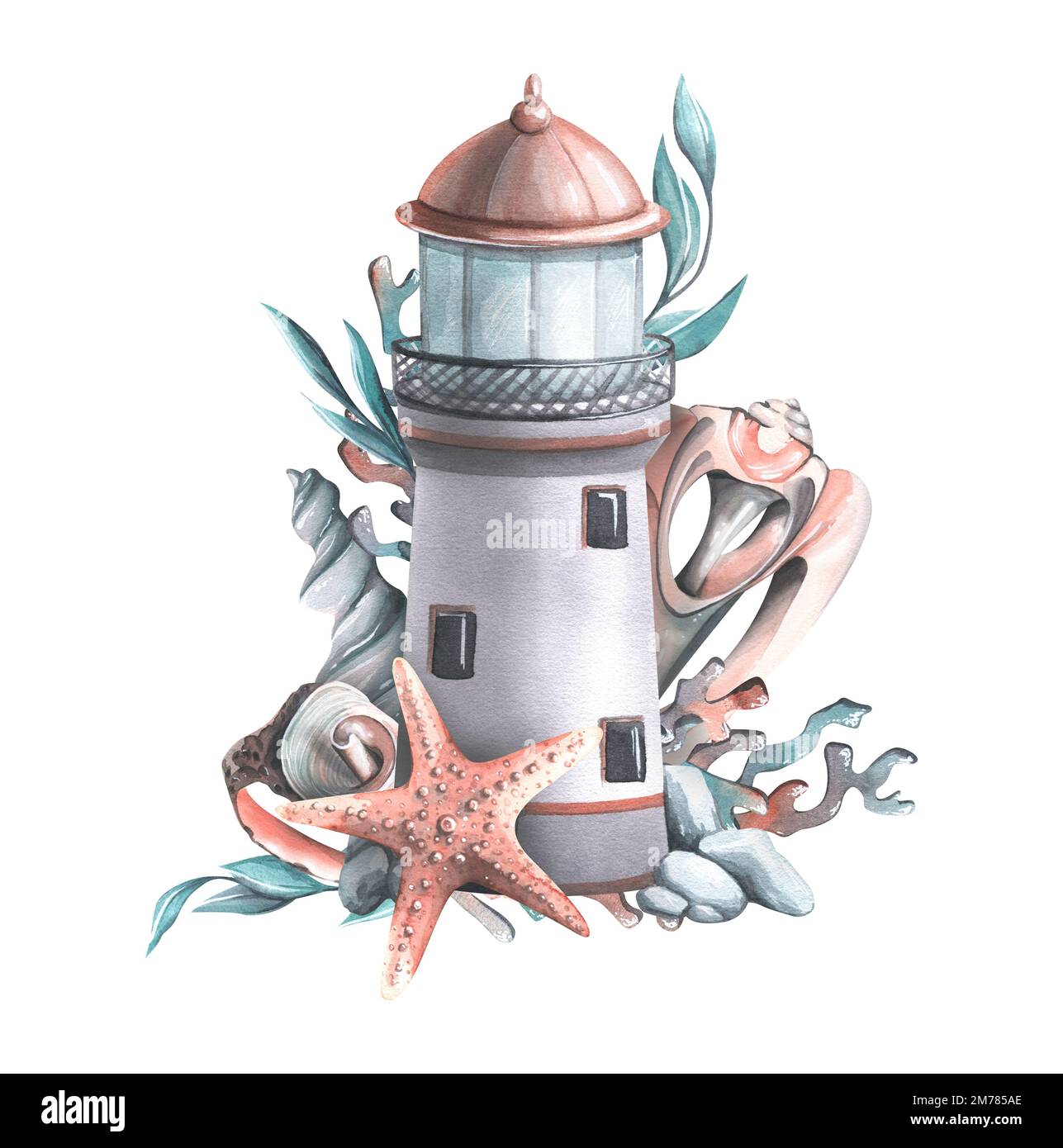 Un phare marin avec des algues, des coraux, des coquillages et une étoile de mer. Illustration aquarelle. Composition de la collection de BALEINES. Pour la conception Banque D'Images