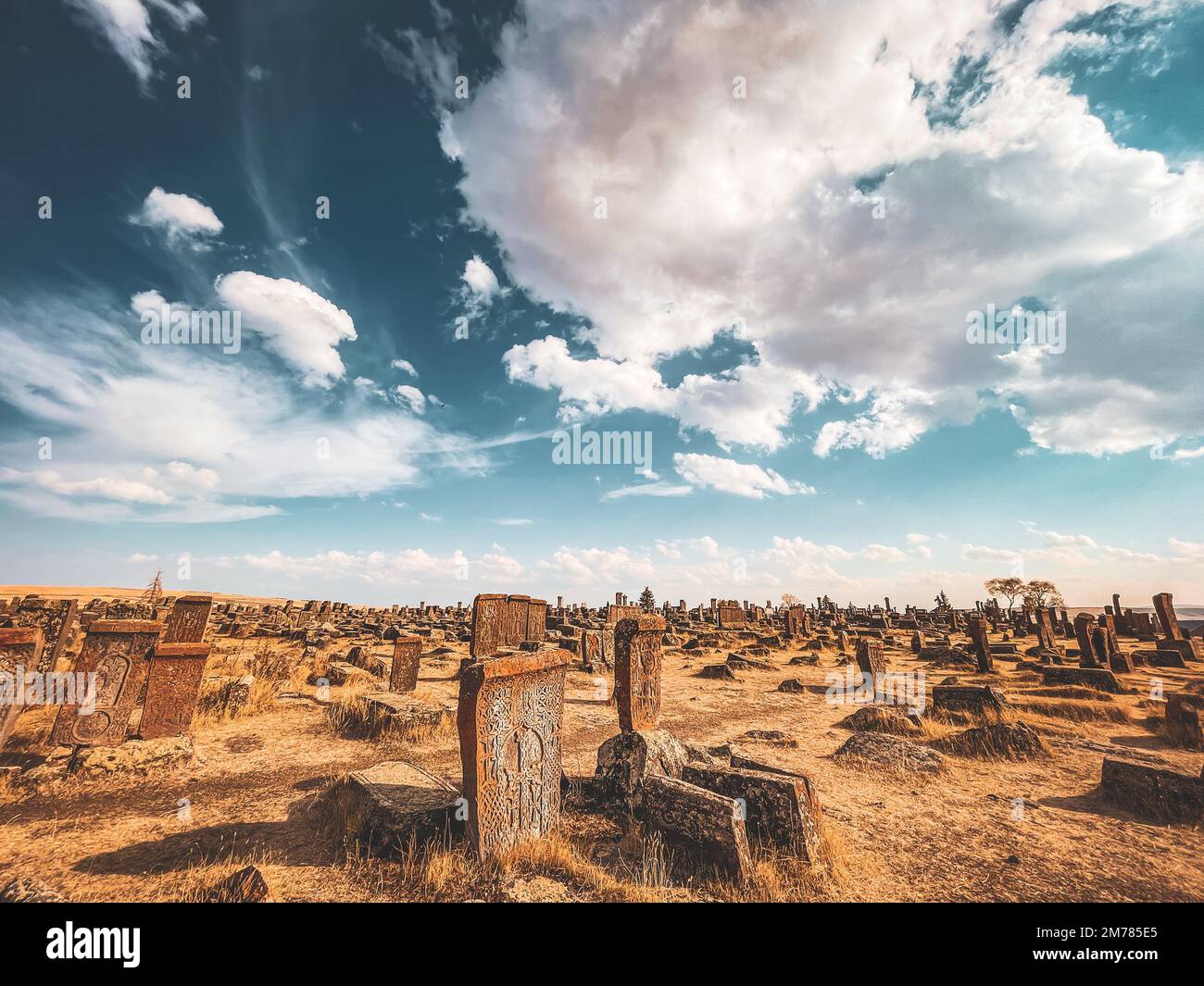 Les tombes anciennes dans le cimetière historique de Noratus en Arménie sous ciel bleu nuageux Banque D'Images