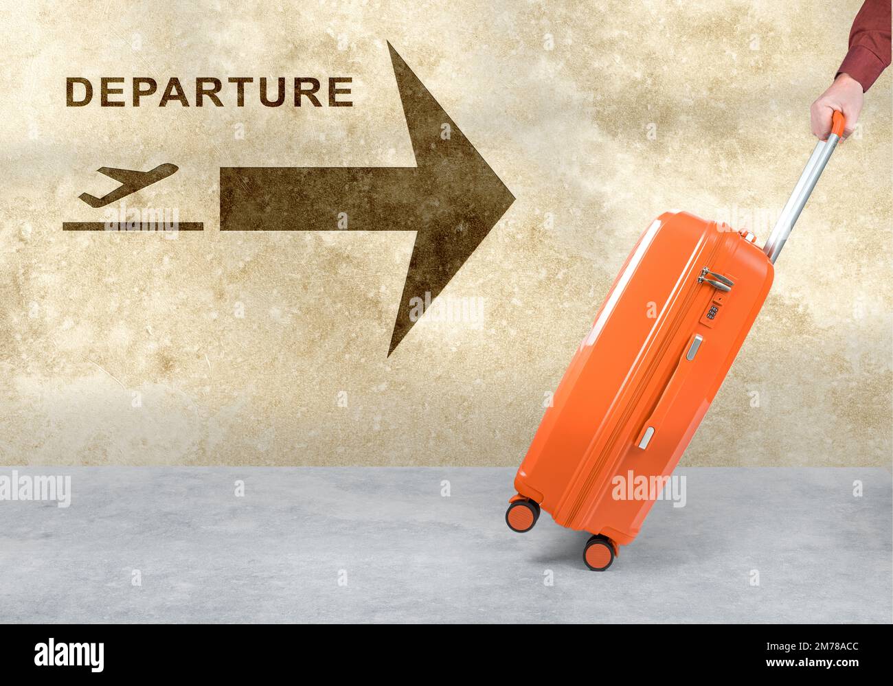 porte-mains valise orange sur fond blanc. Panneau « aéroport » avec l'icône « départ avion » sur le mur. Bagages mobiles des passagers en mouvement. holida d'été Banque D'Images