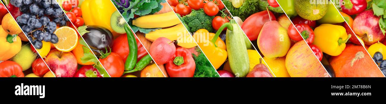 Contexte de la collection fruits et légumes frais . Collage panoramique. Photo large Banque D'Images