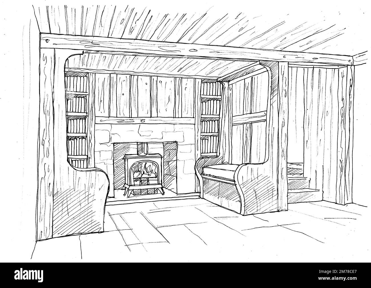 Illustration noire et blanche d'une cheminée avec sièges sur fond blanc. Banque D'Images