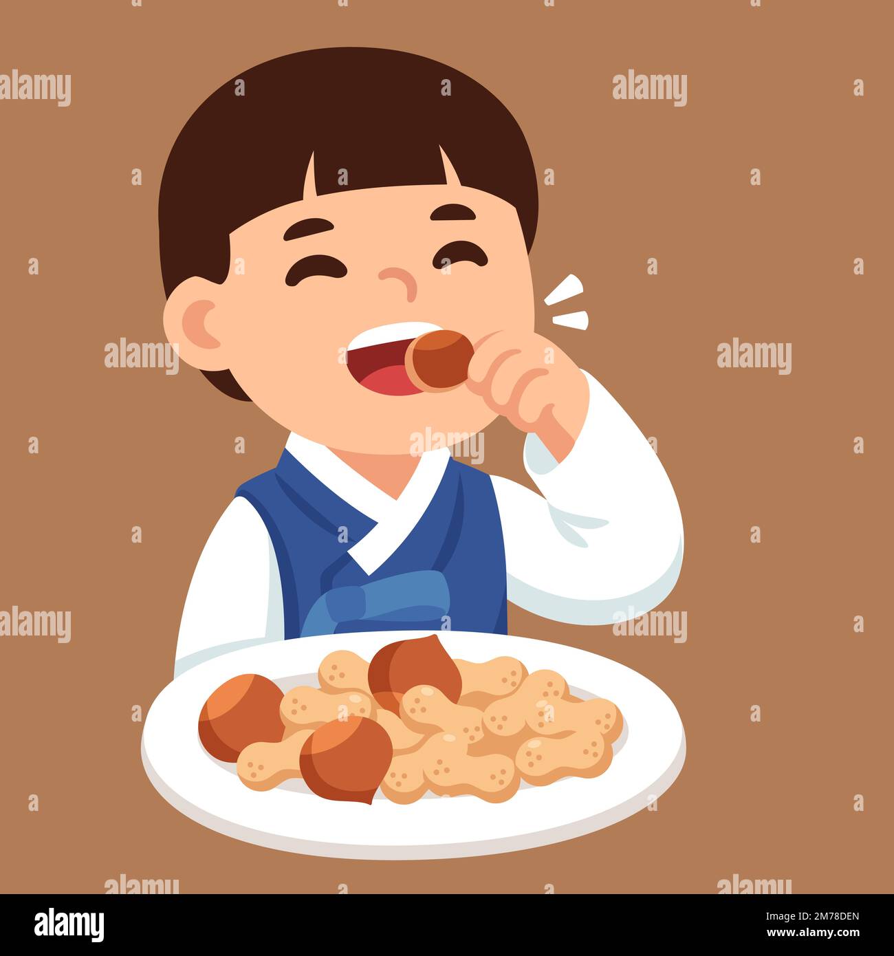 Daeboreum (Grande Lune) célébration coréenne. Mignon petit garçon craquant des noix avec ses dents (Bureom). Illustration de clip art vectoriel de dessin animé. Illustration de Vecteur