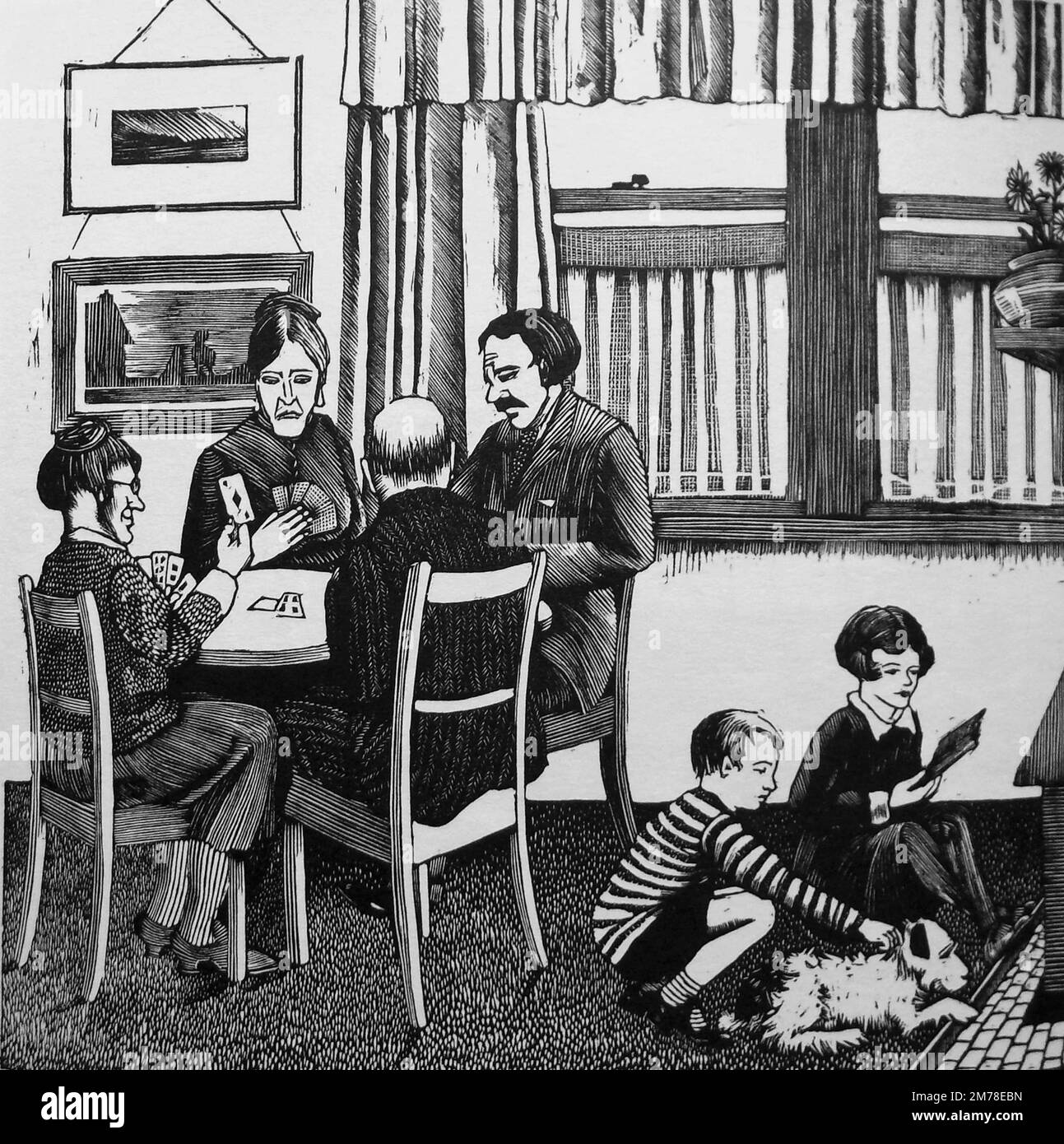 Tirzah Garwood - automne - 1927 - Une famille en jeu. Les adultes s'assoient autour d'une table, tandis que les enfants s'assoient sur le sol avec le chien. Banque D'Images