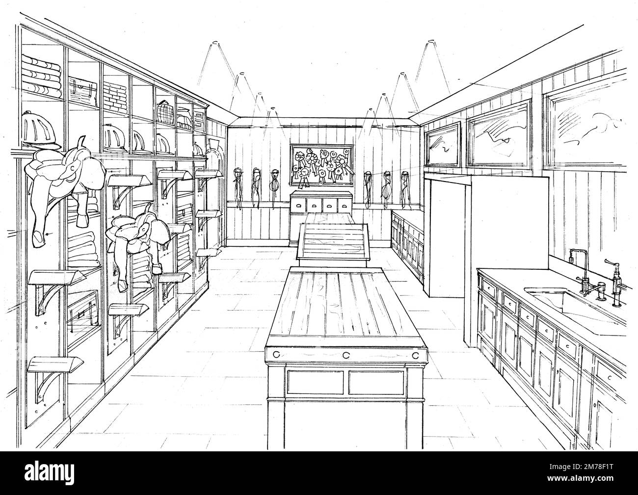 Dessin noir et blanc d'une salle de virement de bord sur fond blanc. Banque D'Images