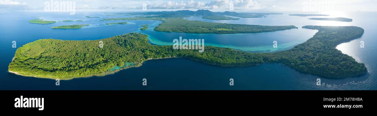 Une île tropicale pittoresque est bordée d'un récif de corail sain dans les îles Salomon. Ce beau pays abrite une biodiversité marine spectaculaire. Banque D'Images