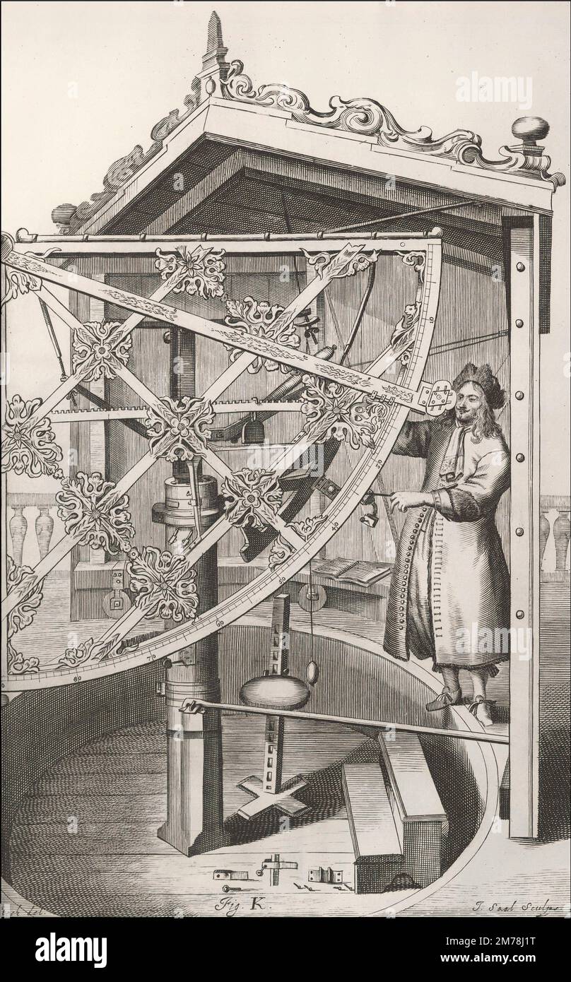 Observant le ciel avec un sextant en laiton, Machinae coelestis, 1673, Johannes Hevelius, Danzig Banque D'Images