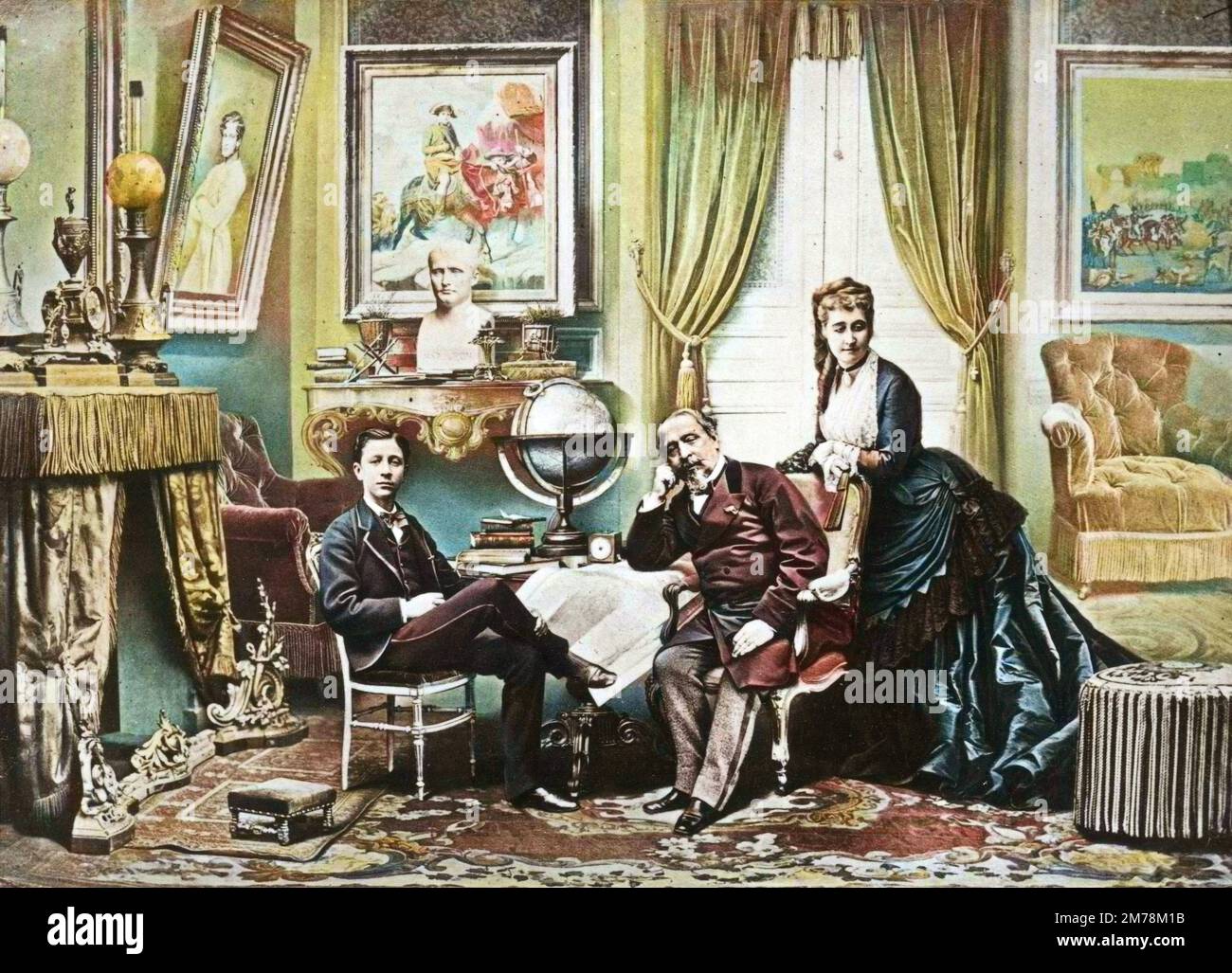 L'ex empereur français Napoléon III avec sa femme l'imperatrice Eugenie et leur fils le prince impérial a Camden place, Chislehurst en 1872 (ils sont en exil en Angleterre) - Empereur Napoléon III avec l'impératrice Eugénie et Louis-Napoléon Bonaparte (1856-1879), Prince impérial, Camden place, Chislehurst en 1872 Banque D'Images