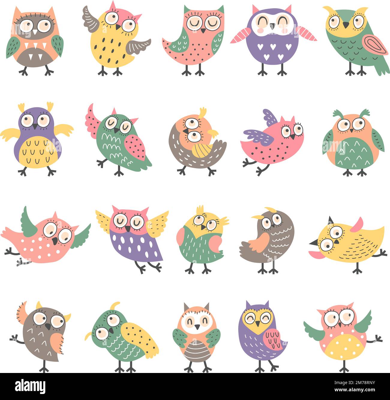 Oiseaux hibou. Voler des oiseaux décoratifs de style boho en action pose le vecteur récent personnages drôles Illustration de Vecteur