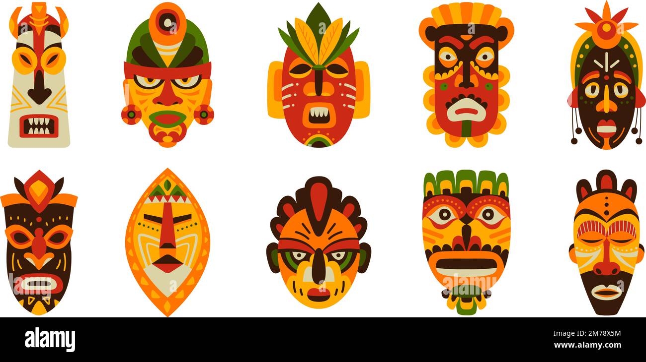 Masques africains tribaux, bois de masque ethnique rituel de tribu. Symboles traditionnels tiki colorés. Carnival totem art graphique, vecteur classieux éléments aborigènes Illustration de Vecteur