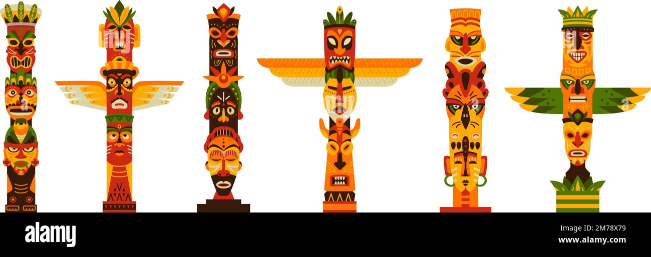 Mâts totémiques traditionnels hawaïens. Totems de tiki en bois plat. Masques indiens indigènes, visages tribaux africains. Ensemble de vecteurs de classe de caricatures idoles Illustration de Vecteur