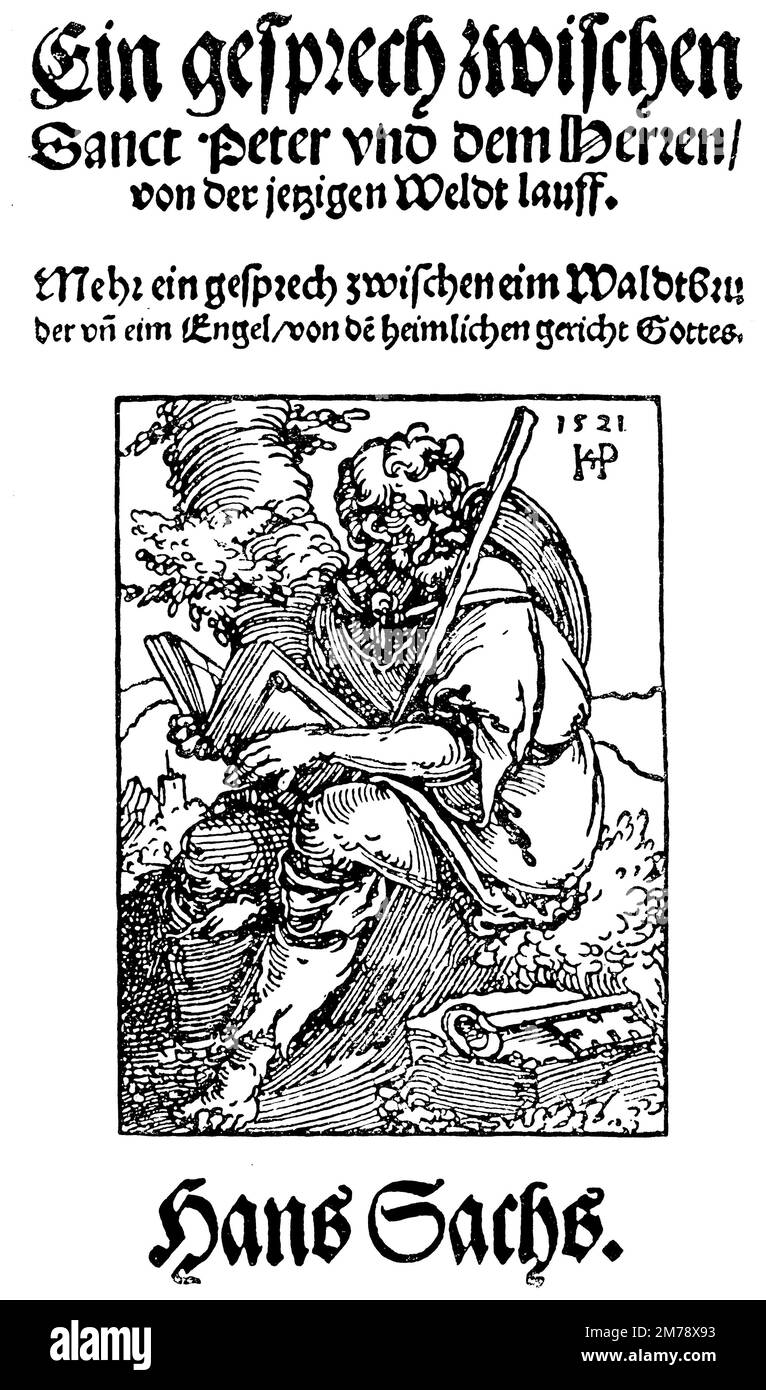 Hans Sachs (1494-1576), cordonnier de Nuremberg, poète proverbe, chanteur et dramaturge, page de titre d'un poème de Hans Sachs, qui, comme beaucoup de poèmes du maître, est apparu comme un pamphlet. La coupe du bois est de Sebald Beham, , Sebald Beham (livre d'histoire littéraire, 1896), Hans Sachs (1494-1576), Nrnberger Schuhmacher, Spruchdichter, Meistersinger und Dramatiker, Titelseite einer Hans Sachs'schen Dichtung, die, wie viele der Dichtungen des Meisters, als Flugblatt erschien. Der Holzschnitt stammt von Sebald Beham, Hans Sachs (1494-1576), Cordonnier de Nuremberg, poète de proverbes, maître chanteur et dra Banque D'Images