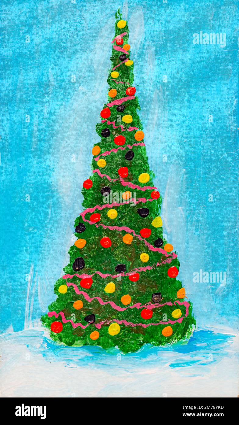 Magnifique arbre de Noël, paysage d'hiver peinture à l'huile. Banque D'Images