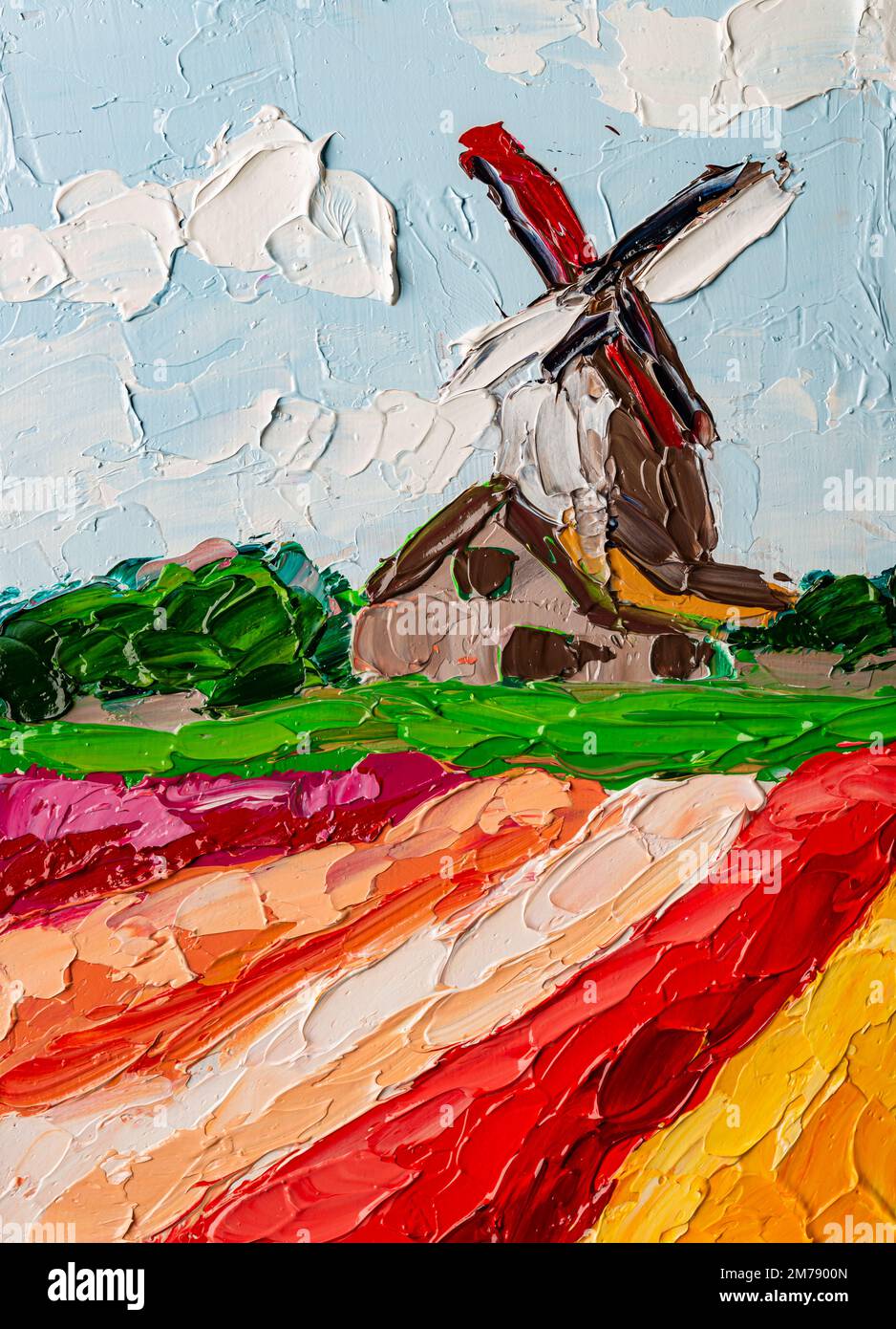 Champs de tulipes et moulin à vent, peinture à l'huile. Banque D'Images