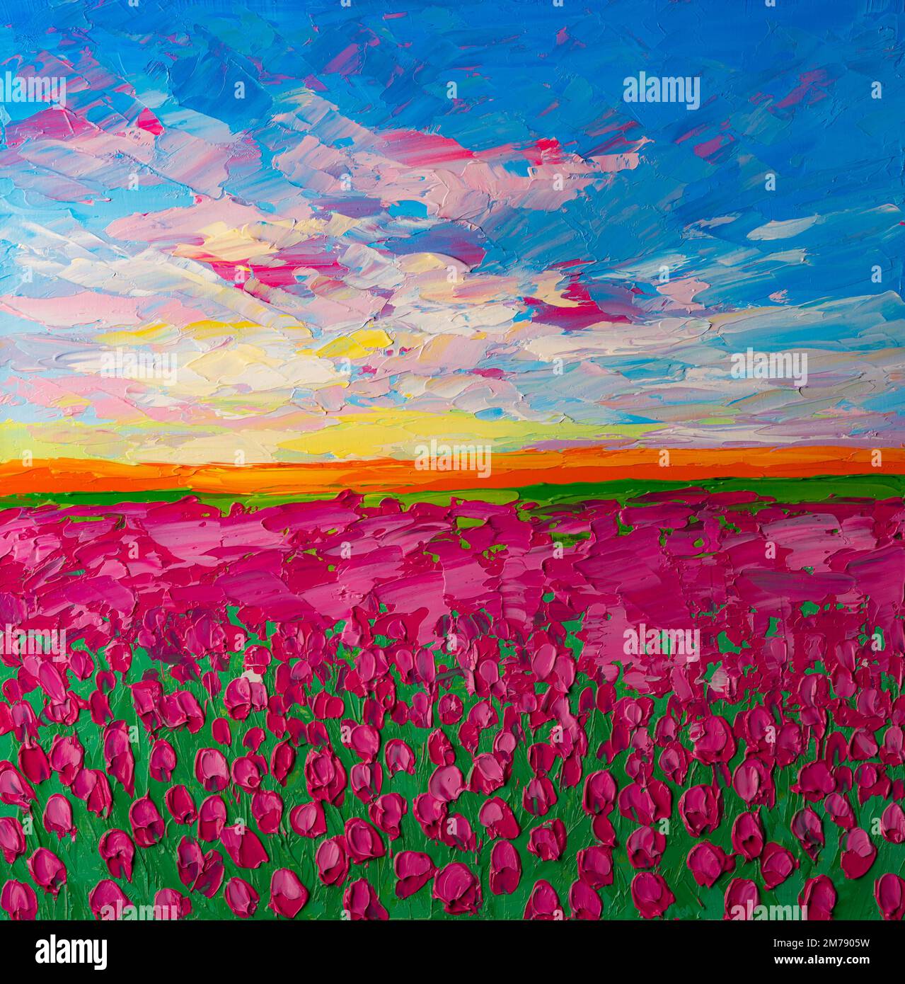 Champs de tulipes colorés, peinture à l'huile. Banque D'Images