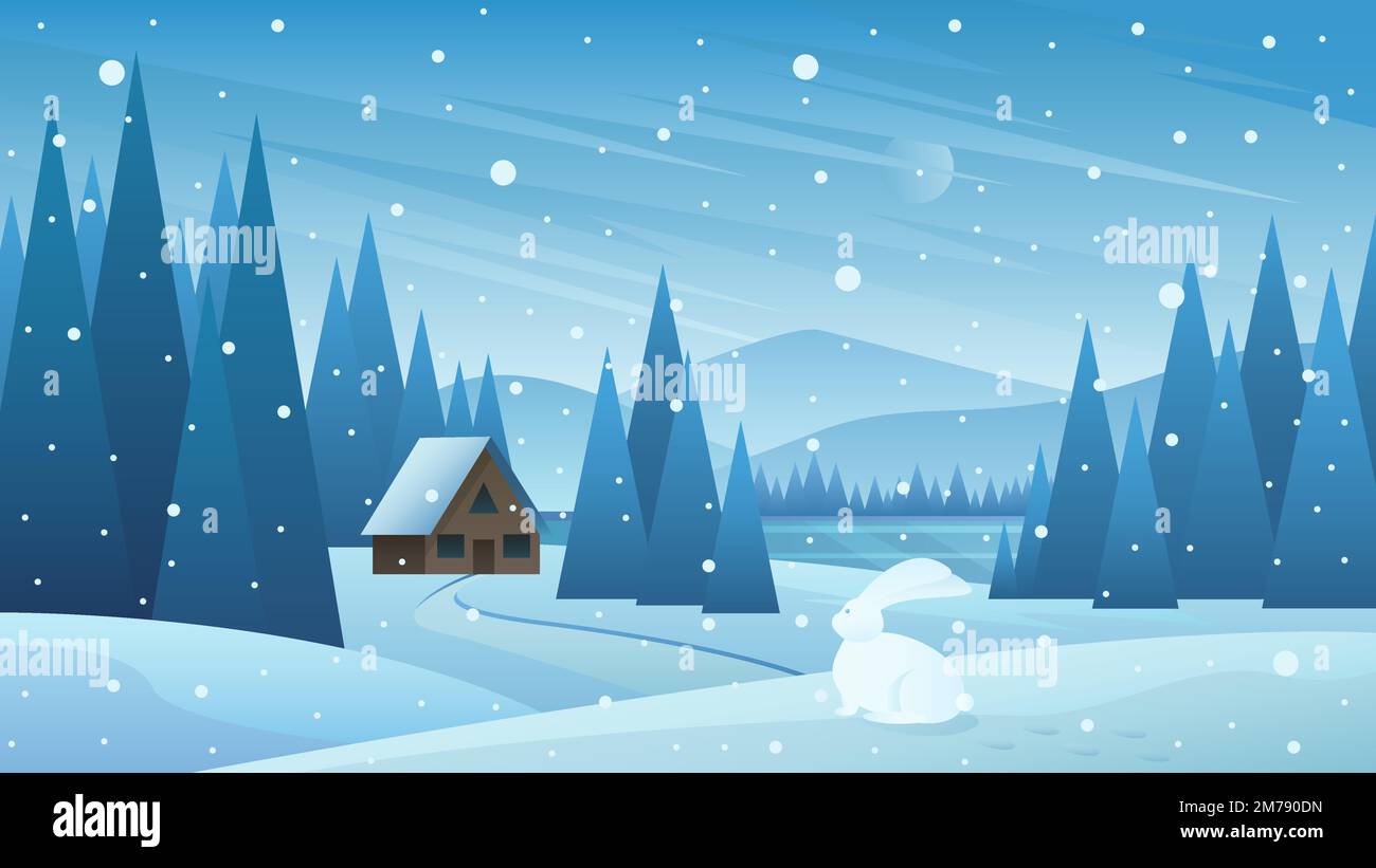 Paysage enneigé d'hiver avec illustration vectorielle de chute de neige. Flocons de neige de dessin animé tombant sur une scène froide avec maison de village en forêt enneigée, route entre les champs en déneigement, lapin blanc assis sur la colline Illustration de Vecteur
