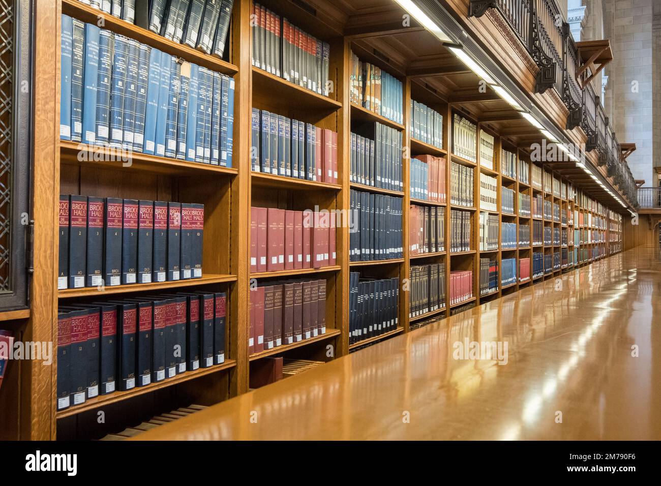 Vue en perspective des étagères d'une bibliothèque avec des centaines de livres Banque D'Images