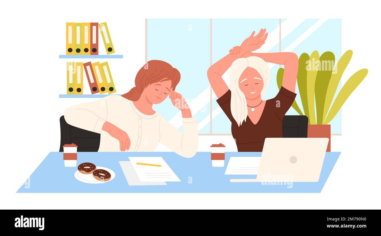Pause café des filles au travail illustration vectorielle. Caricature bonne femme des employés de parler et assis à la table avec un ordinateur portable et des documents, plaque avec des beignets, deux collègues se détendant sur le lieu de travail Illustration de Vecteur