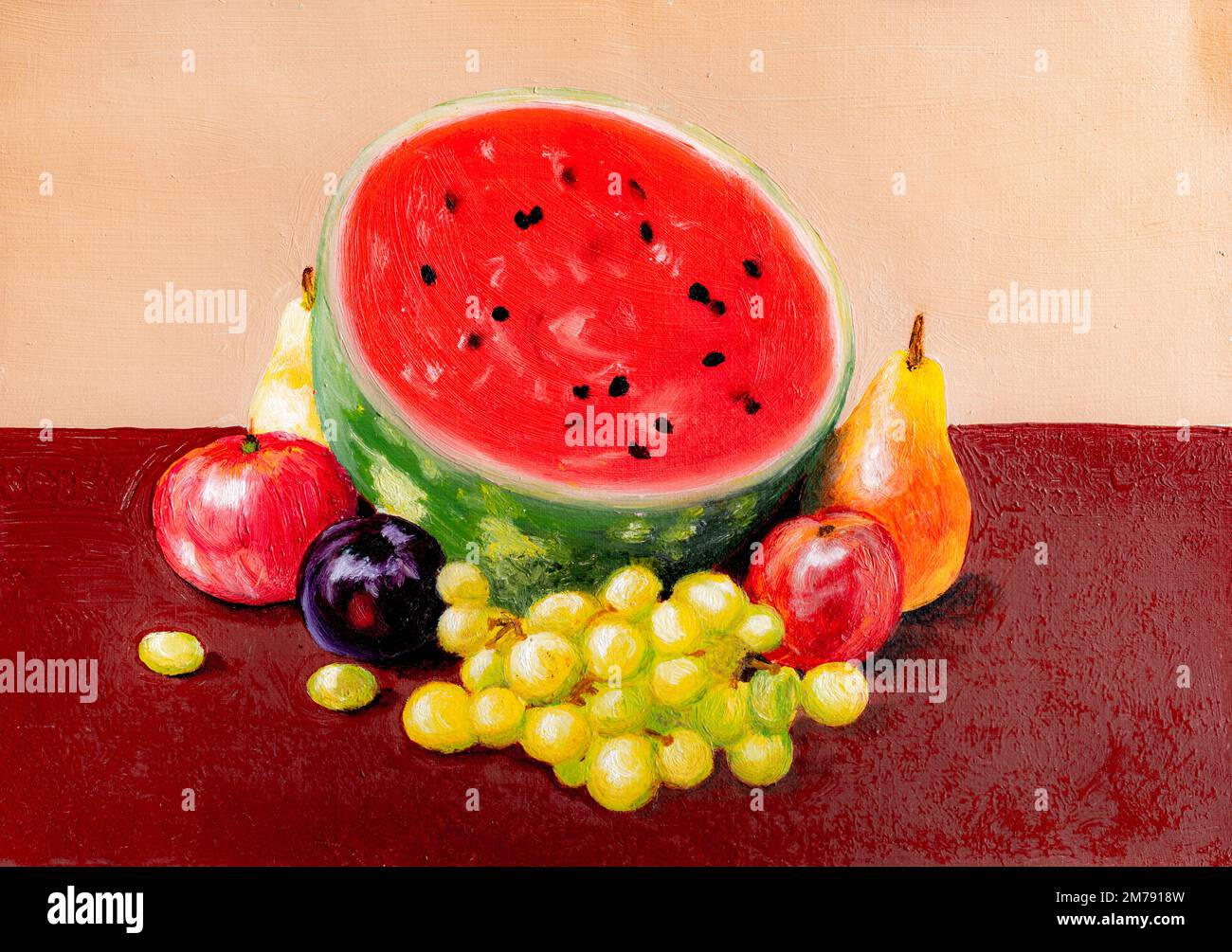 Encore la vie avec la pastèque, les poires, les raisins, les pommes, les prunes, peinture à l'huile Banque D'Images
