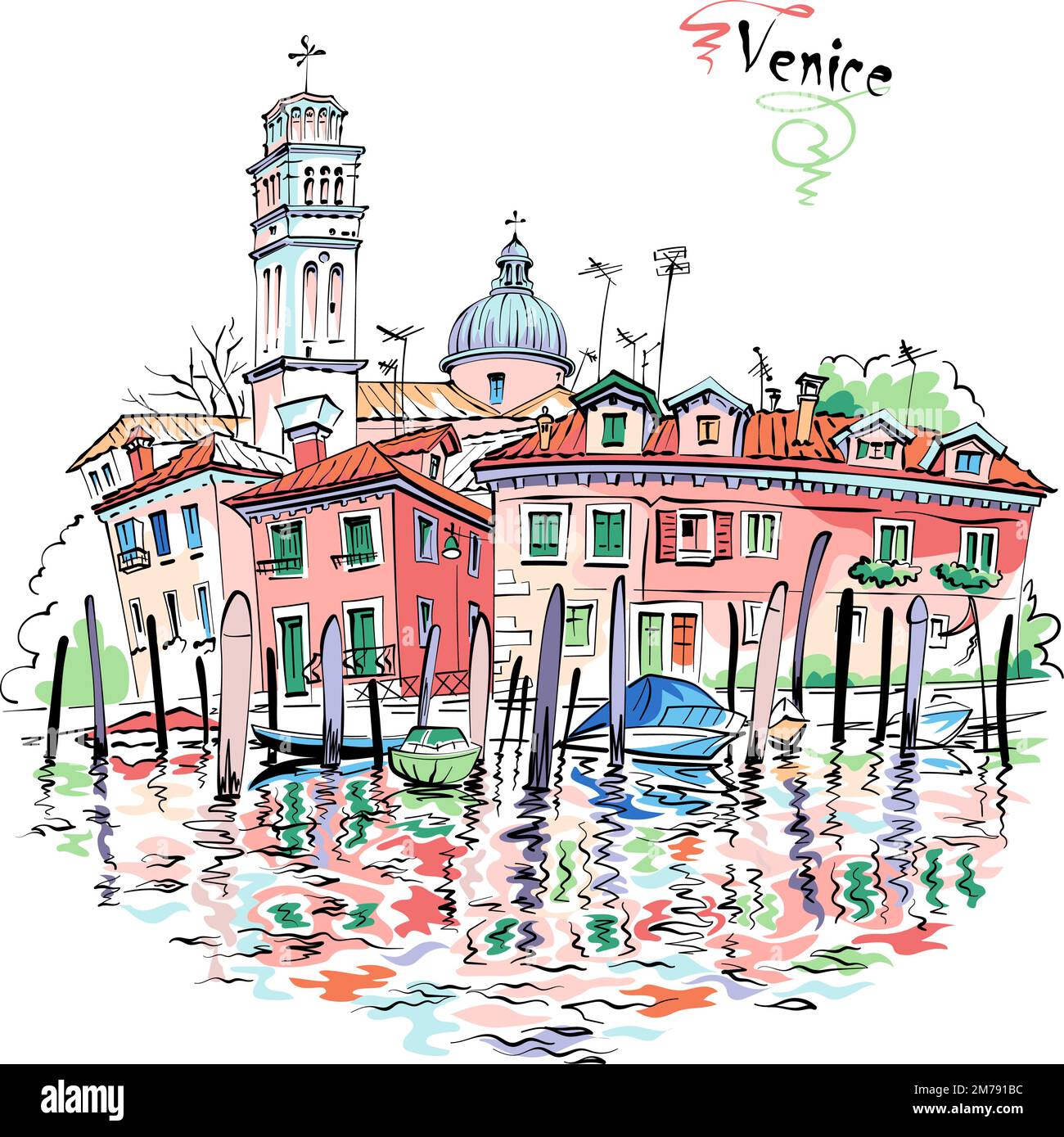 Croquis de couleur vectorielle du canal, maisons lumineuses et basilique Saint-Pierre de Castello, Venise, Italie. Illustration de Vecteur