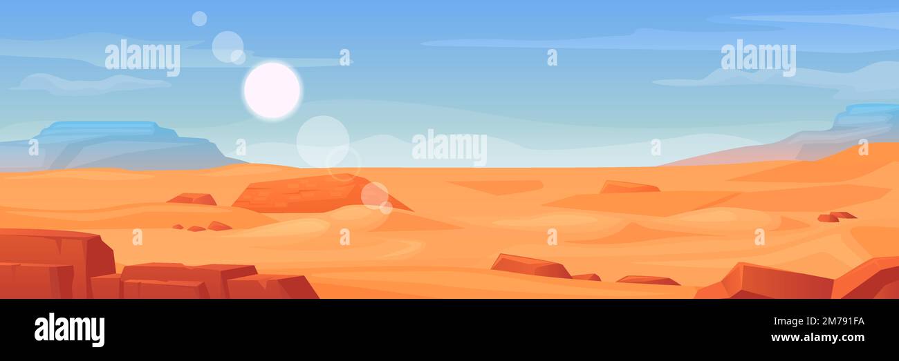 Terrain de dessin animé dans le désert. Panorama paysage du mexique sable jaune avec pierres sèches et sable, sec et chaud environnement afrique safari nature sauvage ouest arizona vecteur illustration de la terre panorama été Illustration de Vecteur