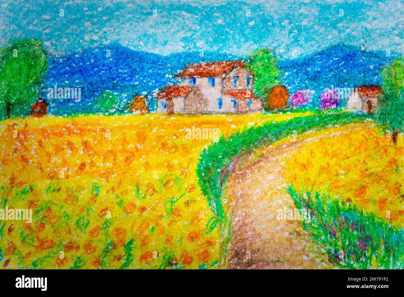 Champs de tournesol en Provence. Peinture pastel à l'huile. Banque D'Images