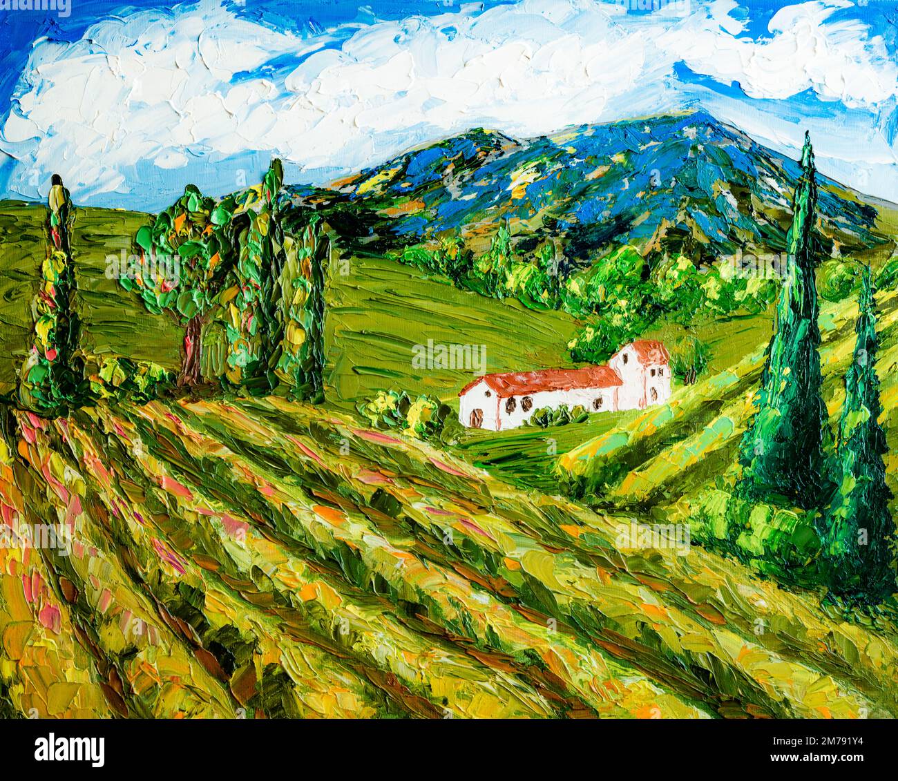 Espagne Valdepas vignobles et montagnes, peinture à l'huile. Banque D'Images