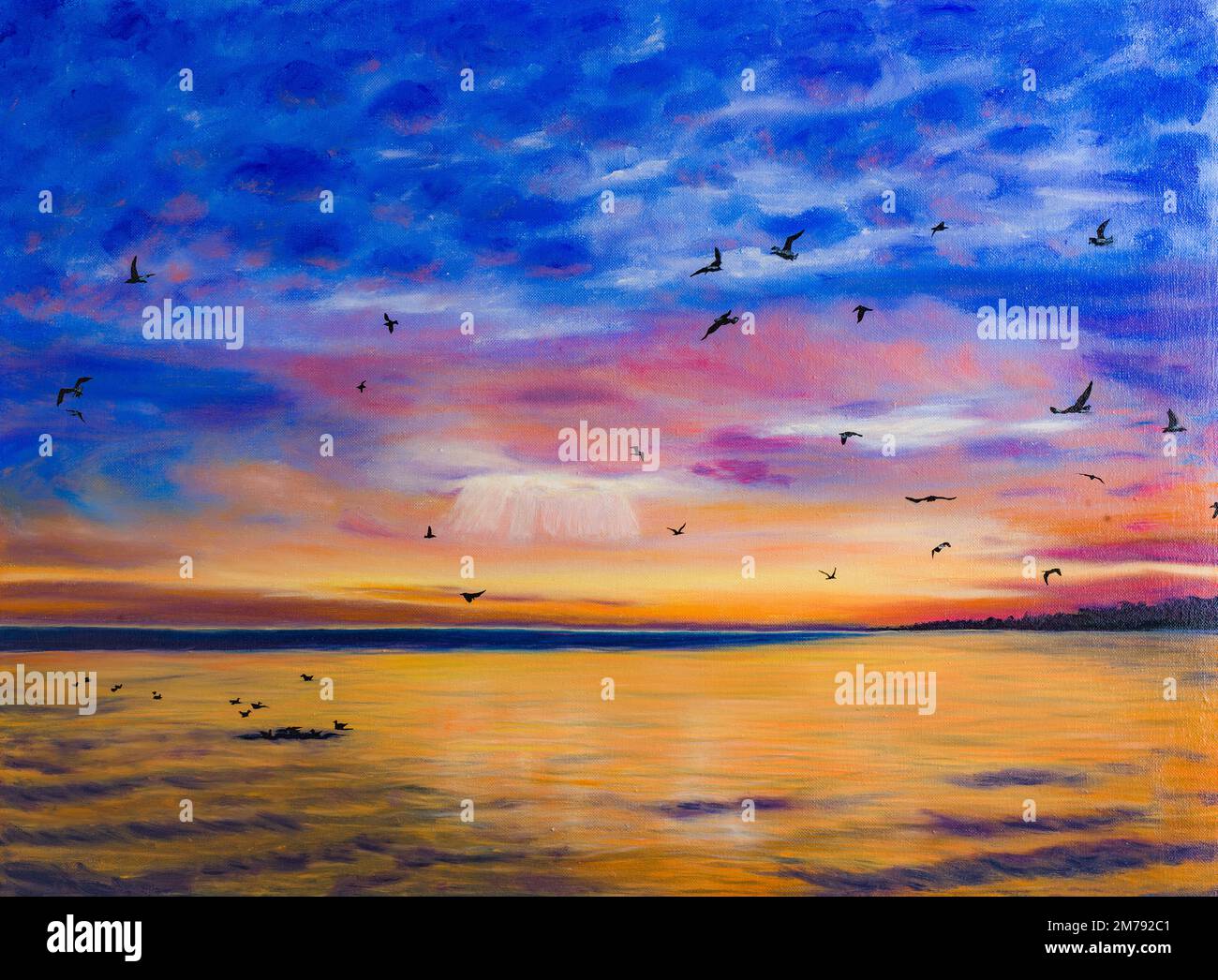 Coucher de soleil sur le paysage de la mer, peinture à l'huile Photo Stock  - Alamy