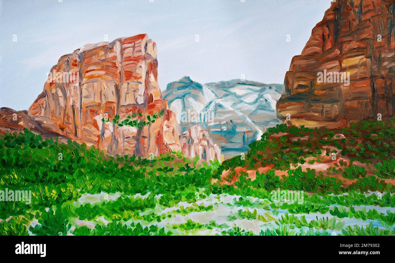 Vue sur la montagne dans le parc national de Zion, peinture à l'huile sur toile. Banque D'Images