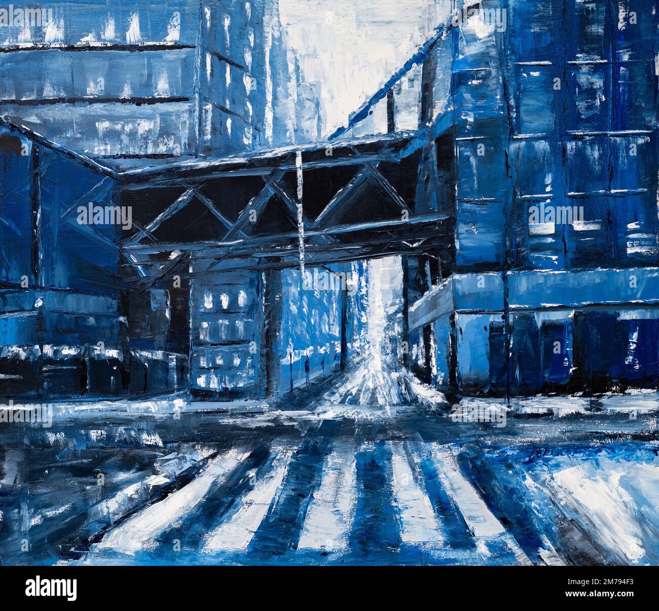 Peinture à l'huile de la ville cyberpunk sur toile. Banque D'Images