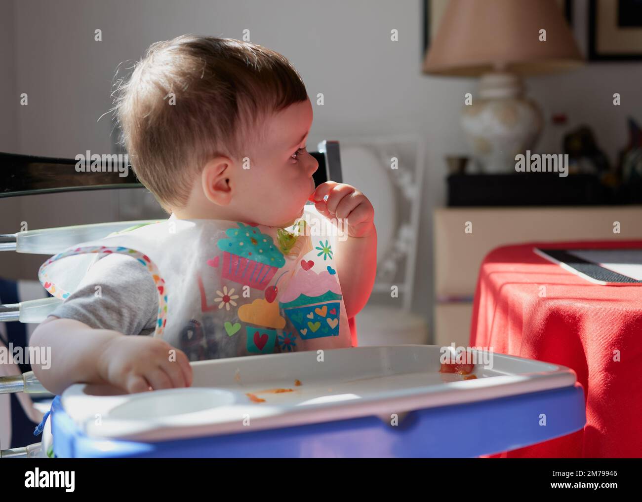 tout-petit mignon ayant des tomates dans sa chaise haute pour le déjeuner Banque D'Images