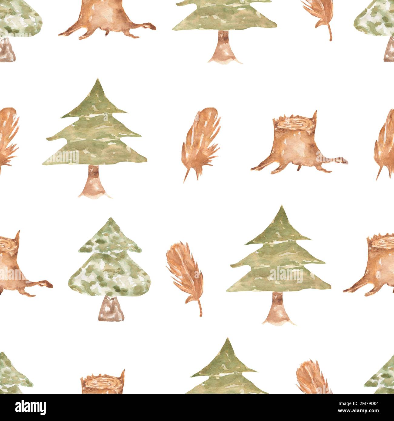 Motif aquarelle sans coutures dans les bois. Arbre de noël dessiné à la main, plumes et souche. Arrière-plan dessiné à la main. Forêt. Banque D'Images