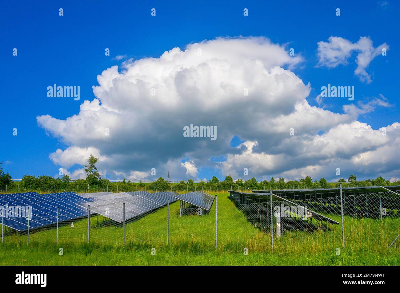 Cloud (Cumulus), cumulus (Cu), et l'usine photovoltaïque avec clôture de protection, également l'usine PV, près de Kempten, Allgaeu, Bavière, Allemagne Banque D'Images
