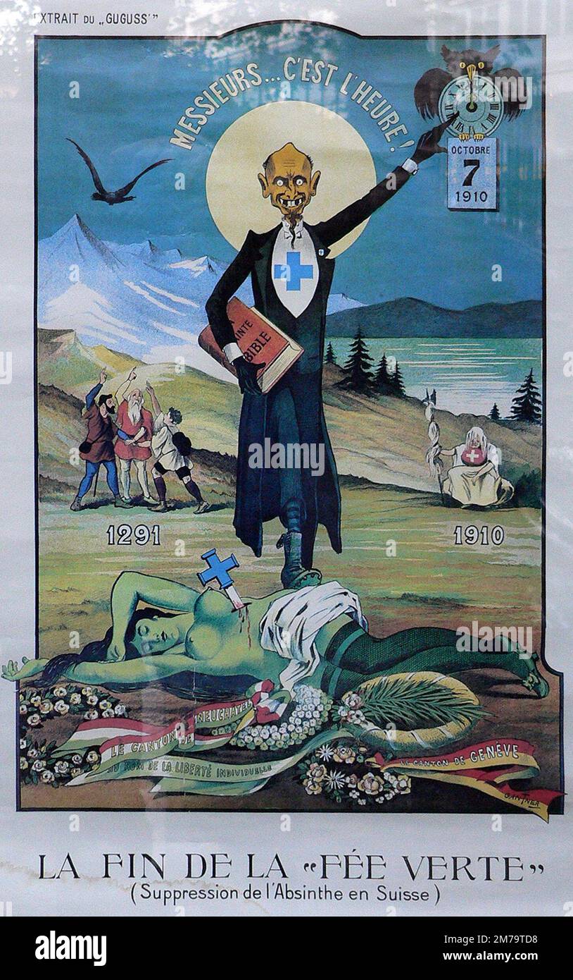 La fin de la fée verte (« la fin de la fée verte ») : affiche suisse critiquant l'interdiction de l'absinthe par Albert Gantner, en 1910 Banque D'Images