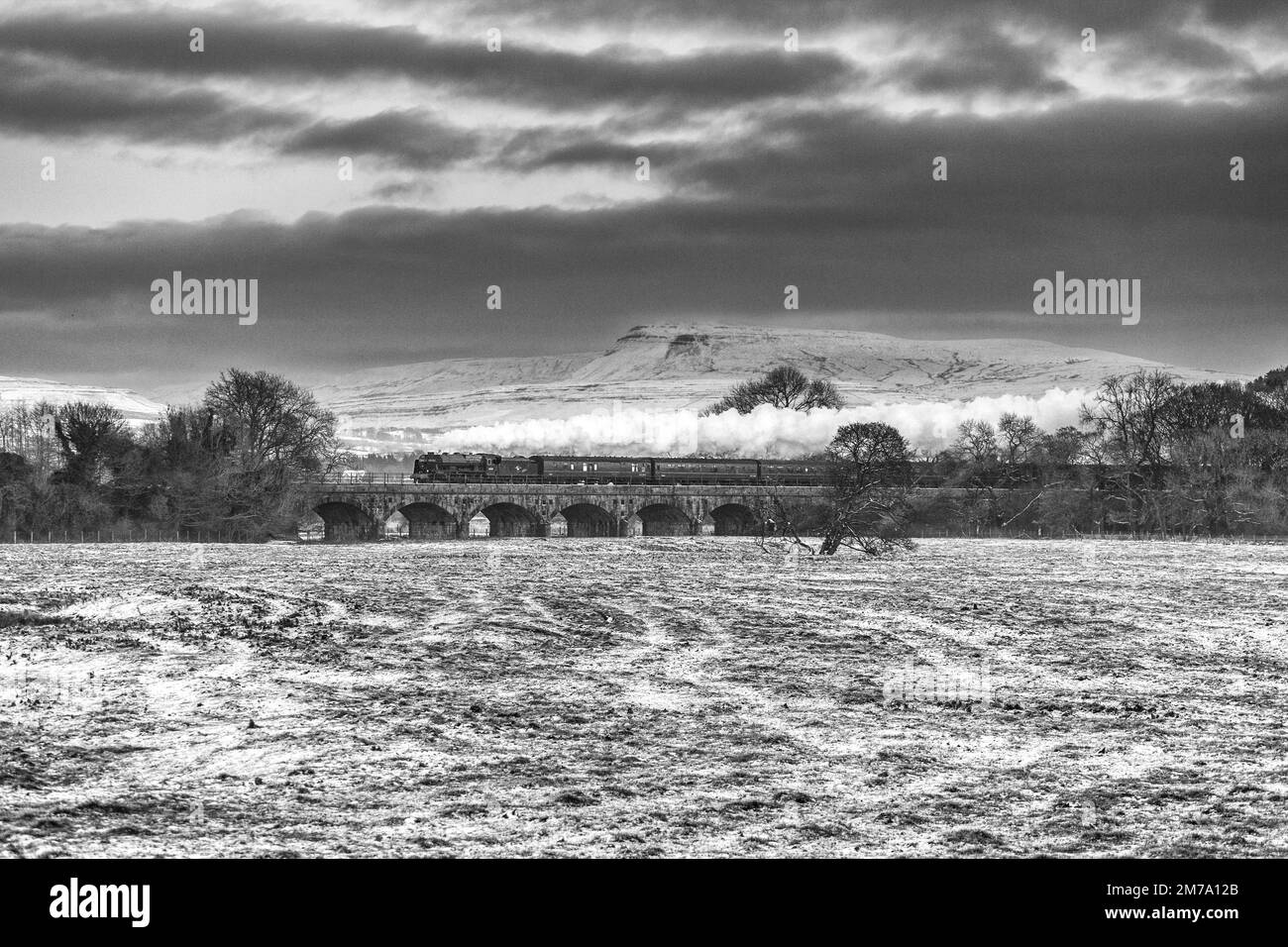 Locomotive à vapeur de West Coast Railways 46115 Scots Guardsman croisant le viaduc de Melling avec de la neige couverte Ingleborough derrière Banque D'Images