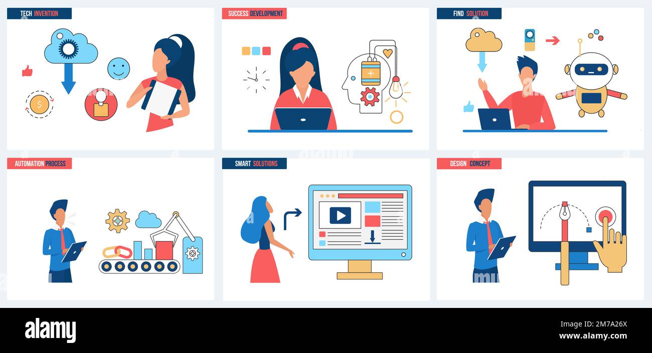 Succès des solutions technologiques, développement et conception de dispositifs intelligents, innovation dans l'automatisation et illustration vectorielle de l'ensemble d'inventions. Caricature les gens minuscules travaillent avec des robots, des machines et le cerveau numérique de l'IA Illustration de Vecteur