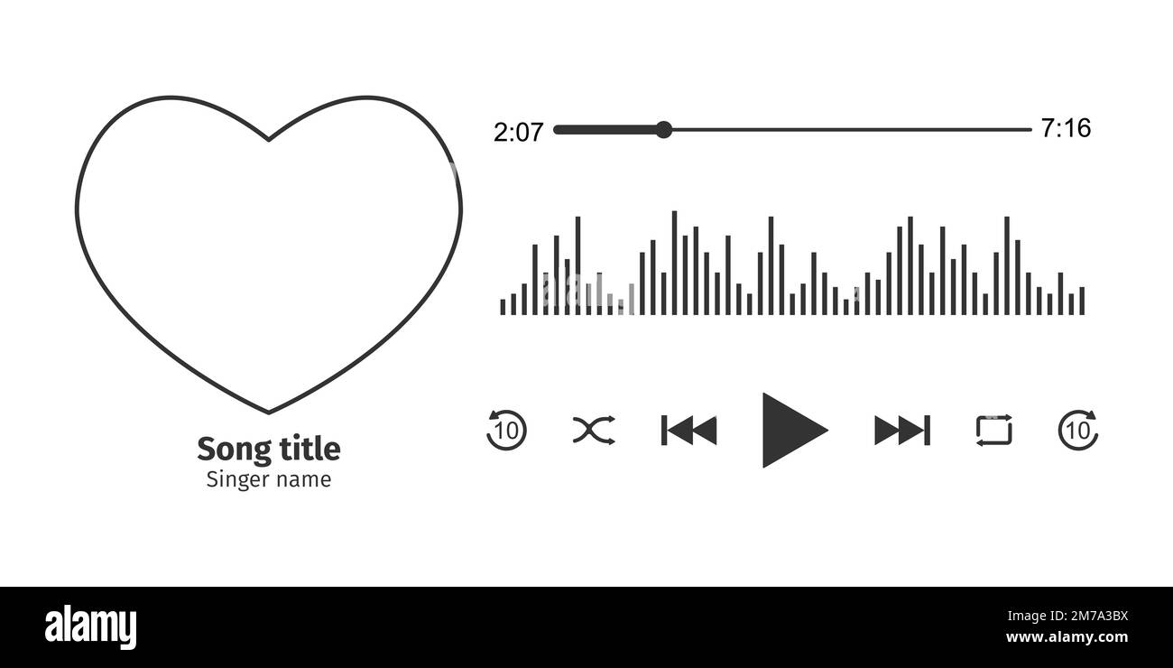 Interface lecteur de musique avec cadre photo en forme de coeur, différents boutons, barre de chargement avec minuteur et égaliseur. Disposition horizontale. Illustration vectorielle isolée sur fond blanc Illustration de Vecteur