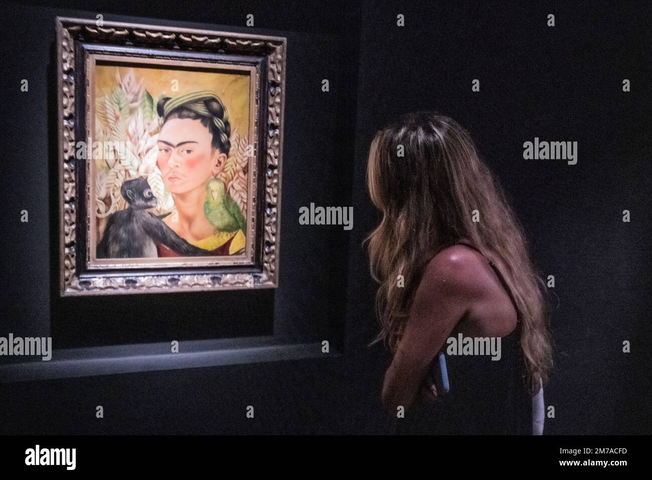 Frida Kahlo : 'Autorretrato con chango y loro' (Autoportrait avec singe et perroquet) - (1942). Museo de Arte Latinoamericano (MALBA). Buenos Aires, Argentine Banque D'Images