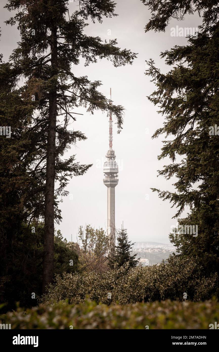 Photo de la tour d'Avala vue de la forêt voisine. La tour Avala est une tour de télécommunications de 204,68 m de haut située sur le mont Avala, à Belgrad Banque D'Images