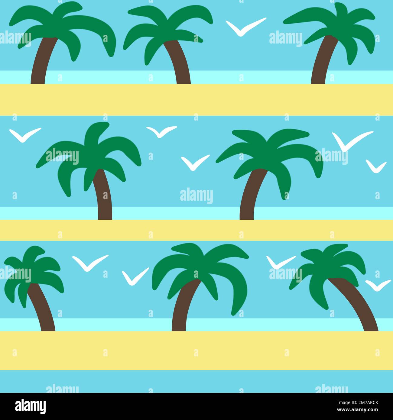 Motif sans couture dessiné à la main avec palmiers de plage goélands océan Vibe mer. Vacances holisay surf tourisme détente, vague nature bleu ciel jaune sable littoral tissu imprimé hawaï rayures Banque D'Images