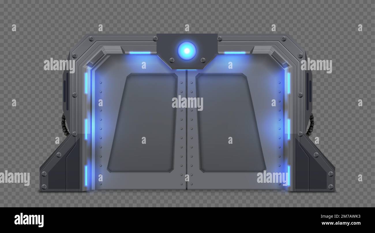 Porte coulissante futuriste en métal avec éclairage bleu néon isolé sur fond transparent. Illustration vectorielle réaliste d'une passerelle en acier brillante pour avion, station spatiale, laboratoire secret Illustration de Vecteur