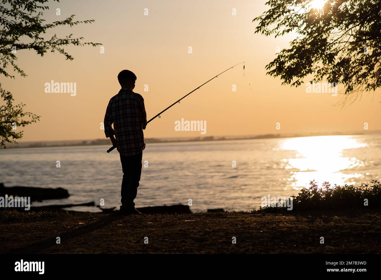 Silhouette d'un garçon pêchant sur un lac en été au coucher du soleil Banque D'Images