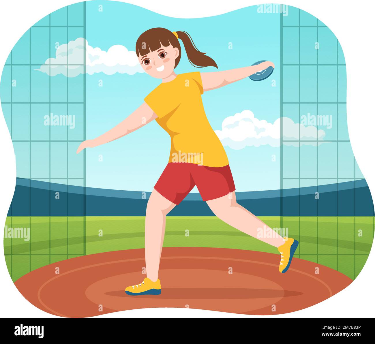 Discus lancer jouer Athletics Illustration avec jeter une plaque en bois dans le championnat de sport Flat Cartoon Templates dessinées à la main Illustration de Vecteur