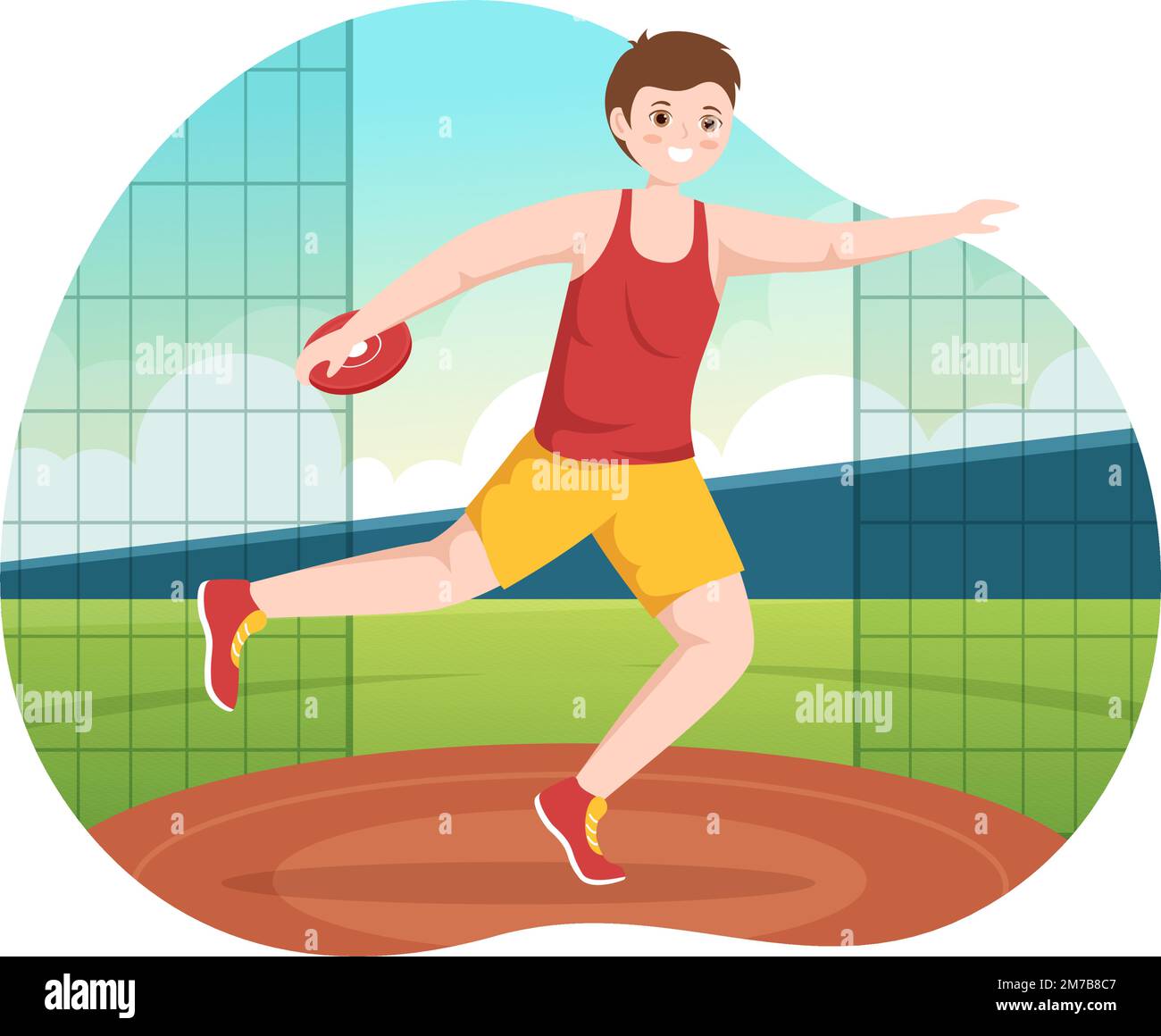 Discus lancer jouer Athletics Illustration avec jeter une plaque en bois dans le championnat de sport Flat Cartoon Templates dessinées à la main Illustration de Vecteur