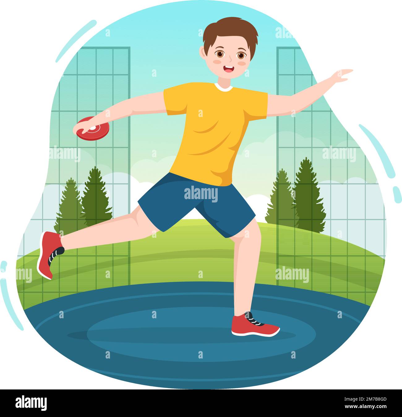 Discus lancer jouer Athletics Illustration avec jeter une plaque en bois dans le championnat de sport Flat Cartoon Templates dessinées à la main Illustration de Vecteur