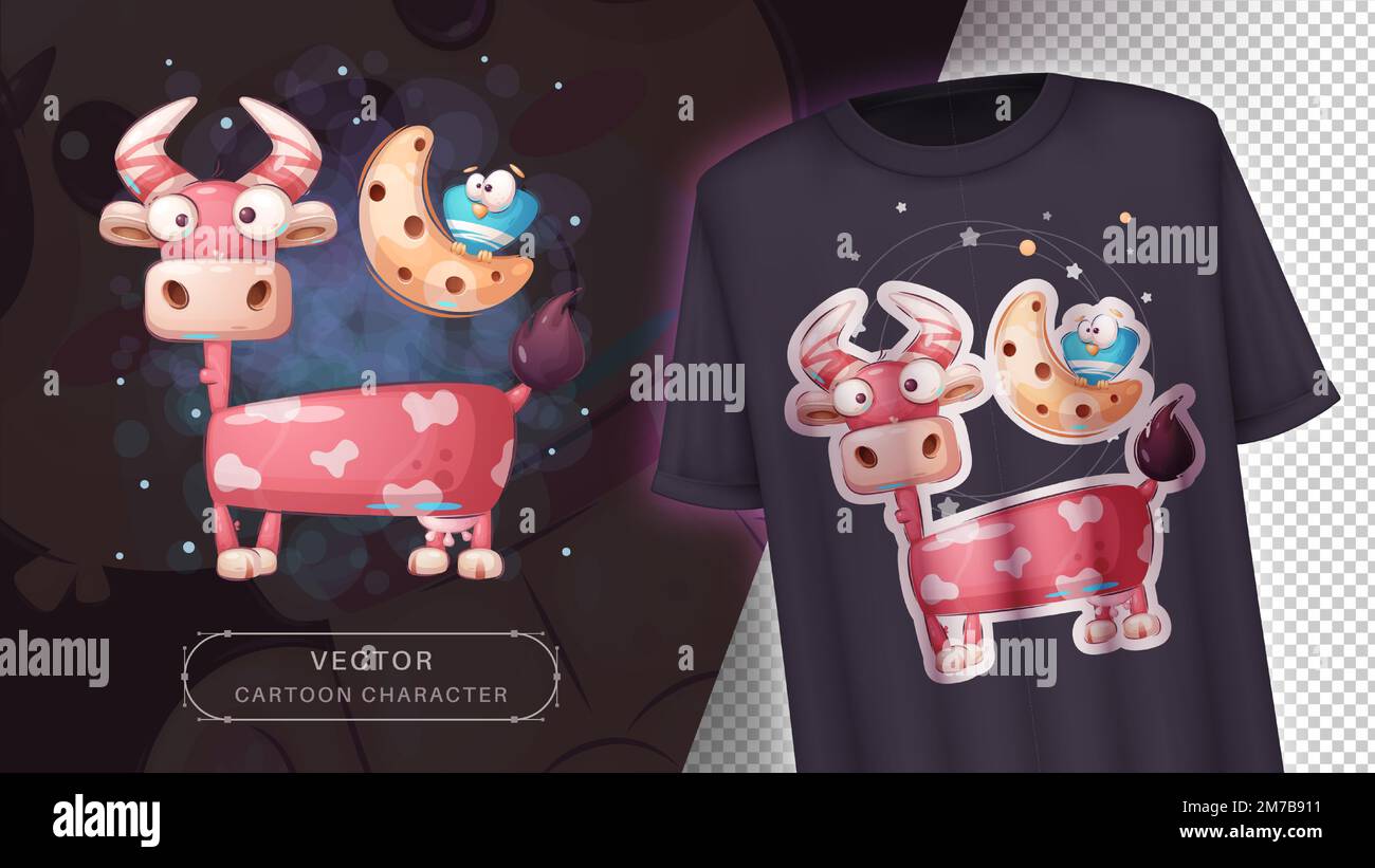 Personnage de dessin animé adorable vache et oiseau jolie idée d'animal pour imprimer t-shirt, poster et enveloppe pour enfants, carte postale. Jolie vache à main Illustration de Vecteur