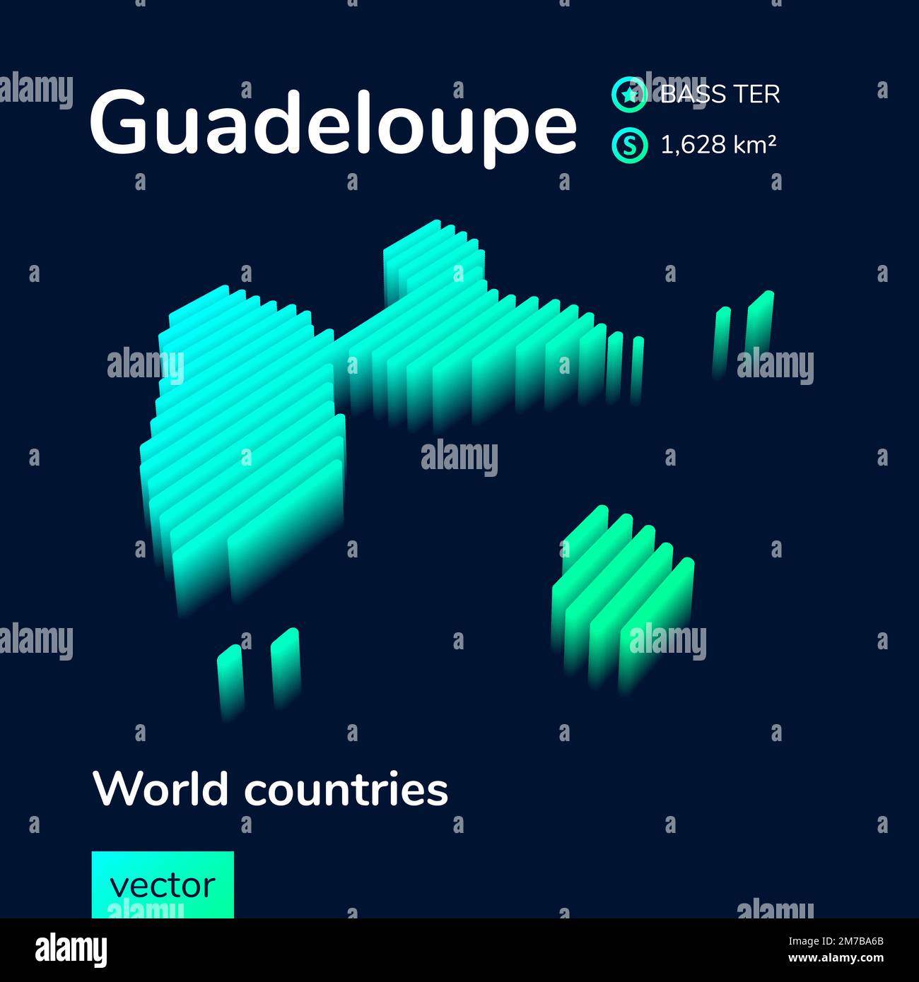 Carte Guadeloupe 3D. Stylisé néon simple numérique isométrique vecteur rayé carte de Guadeloupe est en vert, turquoise et menthe couleurs sur le fond bleu foncé Illustration de Vecteur