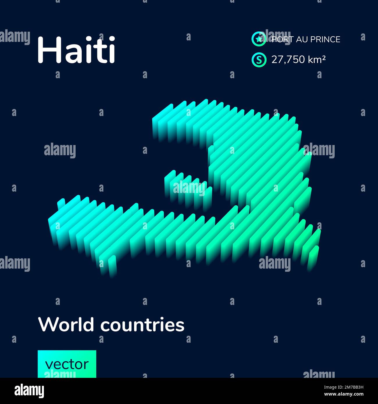Carte stylisée d'Haïti à vecteur à rayures isométriques au néon avec effet 3D. La carte d'Haïti est en vert et en couleur menthe sur fond bleu foncé Illustration de Vecteur