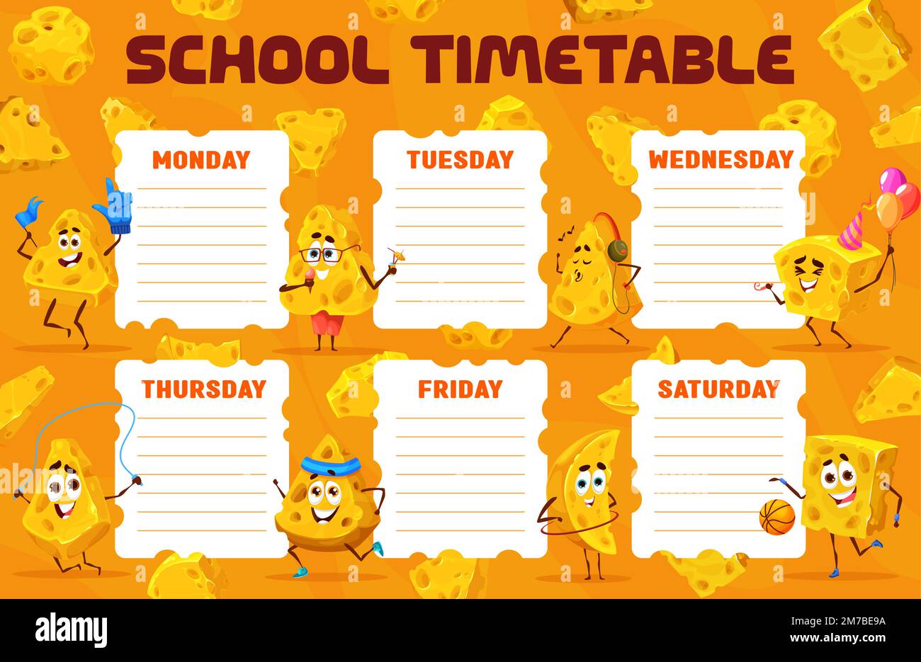 Calendrier caricature maasdam et personnages de fromage gouda. Organisateur de vecteur scolaire éducatif avec drôle de nourriture de lait de personnage. Table horaire des enfants pour les leçons avec cadre de planification hebdomadaire Illustration de Vecteur