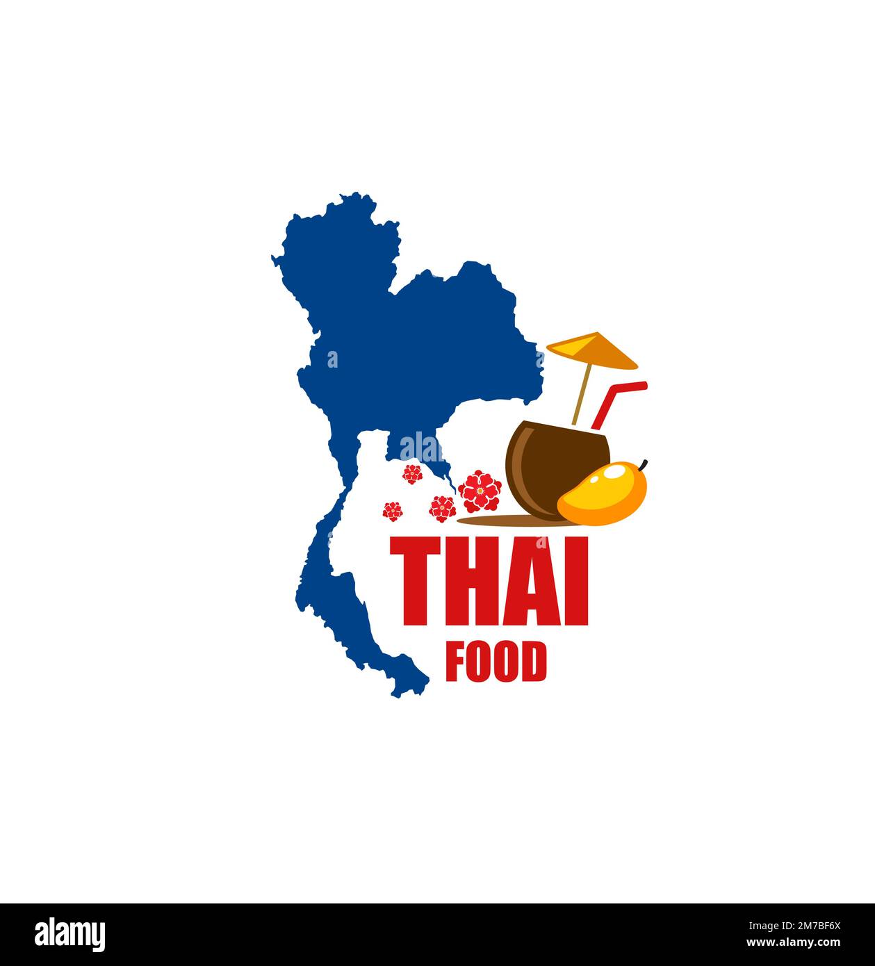 Icône du restaurant thaïlandais. Café de cuisine thaïlandaise, visite de pays asiatique ou symbole de vecteur de voyage avec carte des signes, silhouette de territoire, fruits à la mangue et cocktail à la noix de coco Illustration de Vecteur