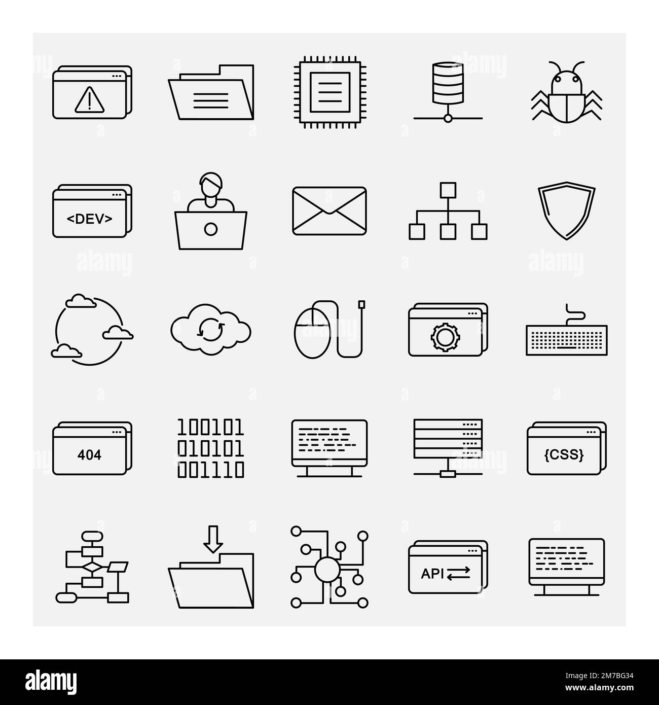 Ensemble d'icônes de contour du programmeur de développement Web. Illustration des icônes vectorielles d'encodage en ligne. Illustration de Vecteur